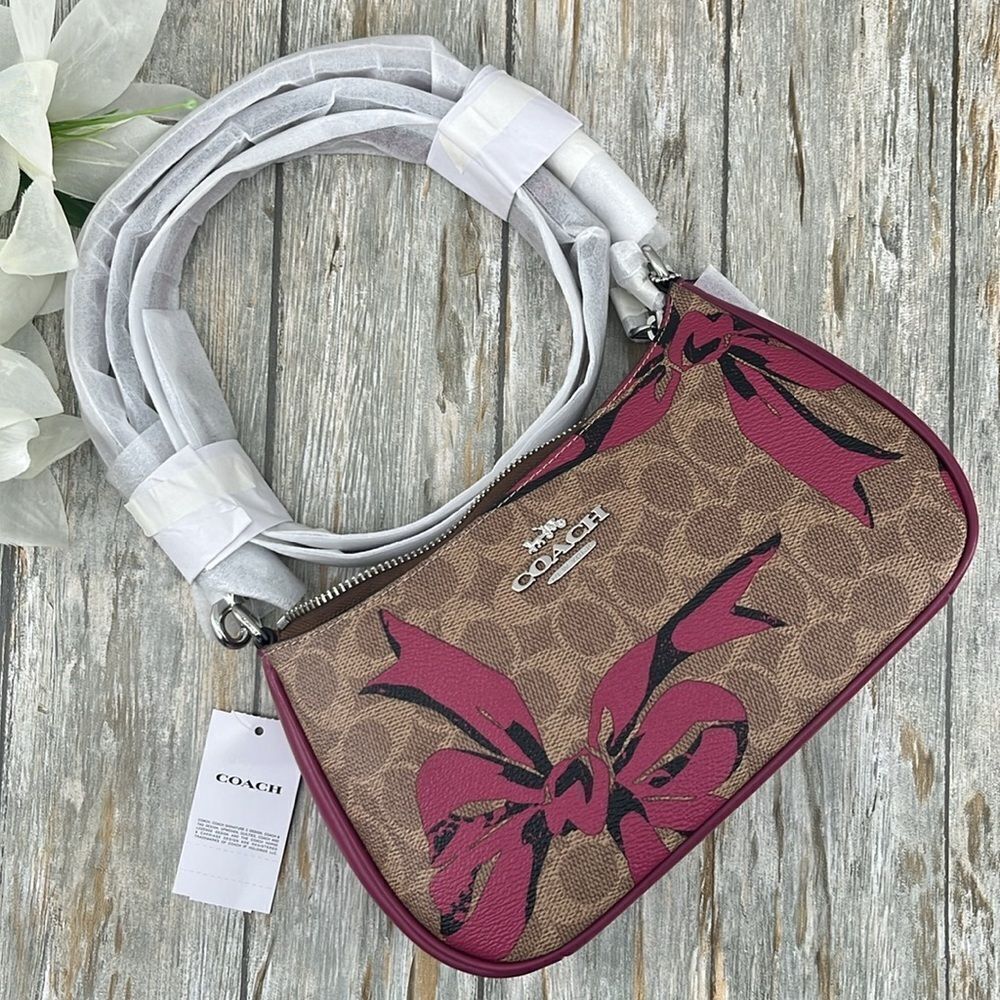 Coach Teri Shoulder Bag Crossbody In Signature Canvas With Bow Print Purse - Picture 3 of 7